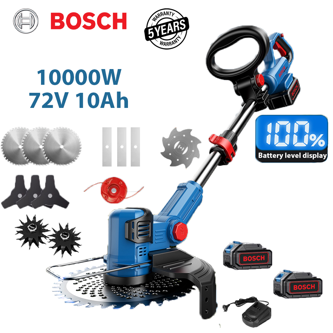 Model îmbunătățit: 10000W (baterie cu litiu 72V 10Ah*2+lamă din aliaj*2+lamă triunghiulară*2+lamă dreaptă*2+frânghie de tăiat din aliaj*1+lamă anti-încurcăre*1+cap plug*2+încărcător rapid*1)