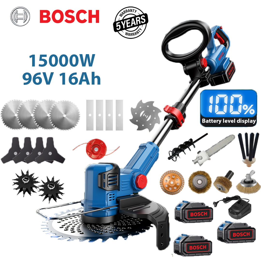 Versiune Deluxe: putere 15000W (echipată cu baterie cu litiu 96V16Ah*3+lamă din aliaj*4+lamă triunghiulară*4+lamă dreaptă*4+frânghie de tăiat aliaj*1+lamă anti-încurcăre*1+cap plug*2+cap de șlefuit aliaj *1 +Cap de perie de sârmă mare*1+Cap de perie de sârmă mic*1+Cap de lustruit țevi*1+Cap spiralat*1+Cap de ferăstrău*1+Cap de cules fructe*1+Încărcător rapid*1)
