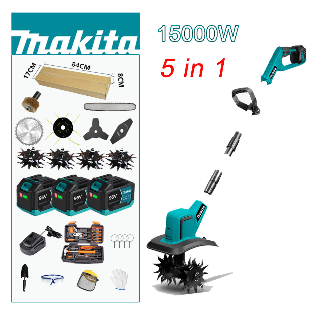 (5 în 1 = arat + tăiat + cosit + frezat + tăiat cu fierăstrăul) Motocultor cu motor fără perii de 15000W + lame originale pentru plug * 4 + lamă circulară * 1 + cap de cosit * 1 + baterie de 96V 16Ah * 3 + încărcător rapid * 1 + set de scule * 1 + set de grădinărit * 1 + suport pentru lamă * 4 + lamă pentru crăpături * 1 + lamă triunghiulară * 1 (tija adaptor cu diferite capete de echipament poate realiza îndepărtarea zăpezii + amestecarea)
