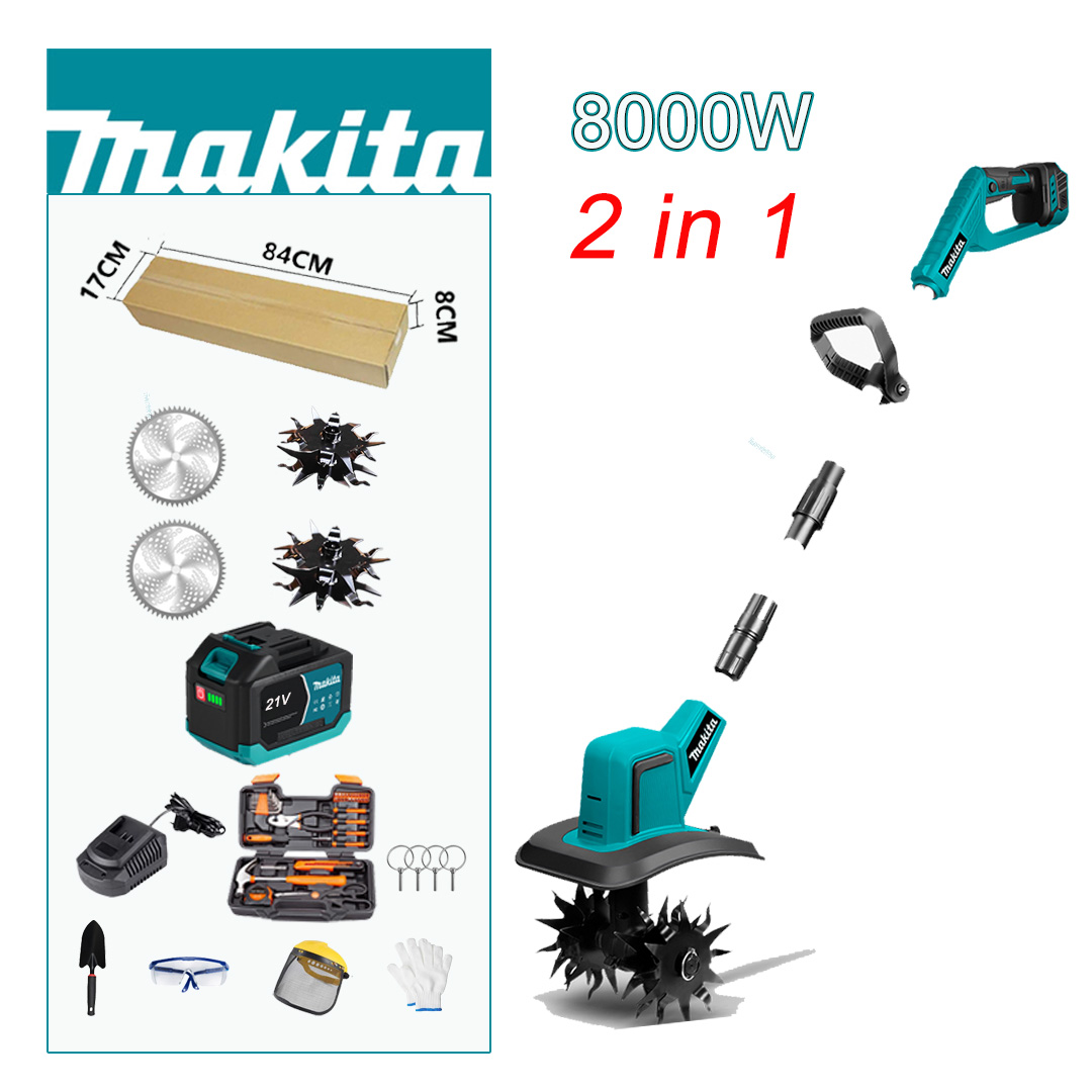 (2 în 1 = arat + cosit) Mașină de arat cu motor de 8000W + lame de plug * 2 + lame de ferăstrău circular * 2 + baterie de 21V 8Ah * 1 + încărcător * 1 + geantă de scule * 1 + geantă de scule de grădinărit * 1 + suport pentru lame * 4