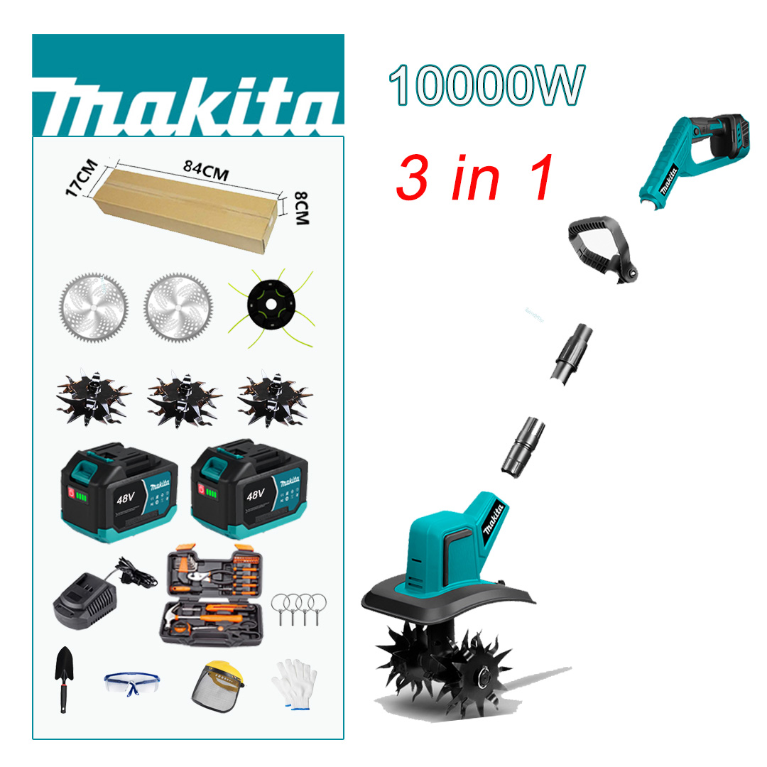 (3 în 1 = arat + recoltat + cosit) Mașină de arat cu motor fără perii de 10000W + lame de plug originale * 3 + lame de ferăstrău circular * 2 + cap de cosit * 1 + baterie de 48V 10Ah * 2 + încărcător rapid * 1 + set de scule * 1 + set de grădinărit * 1 + suport pentru lame * 4