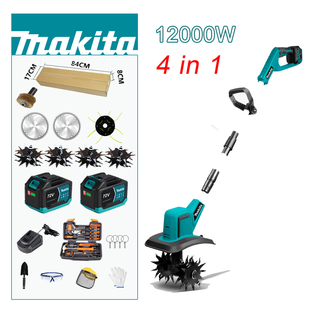 (4 în 1 = arat + cosit + tuns iarba + măcinat) Mașină de arat cu motor fără perii de 12000W + lame mașină de arat * 4 + lame ferăstrău circular * 2 + cap de cosit * 1 + cap de măcinat * 1 + baterie 72V 12Ah * 2 + încărcător rapid * 1 + geantă de scule * 1 + geantă de scule de grădinărit * 1 + suport pentru lame * 4